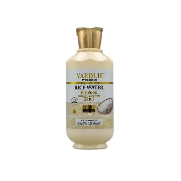 Yardlie Professional Rice Water shampoo bottle having keratin and serum in it for long, straight, and Shinny hair.