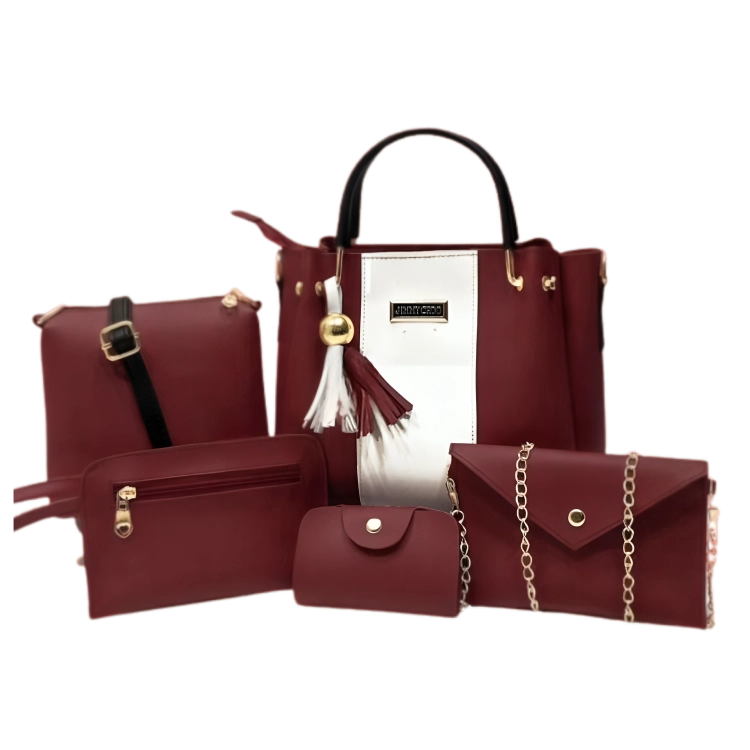 synthetic leather handbag set of 5 pieces in maroon color